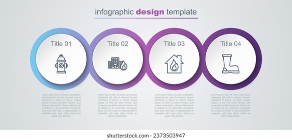 Set line Fire hydrant, in burning buildings, house and boots. Business infographic template. Vector