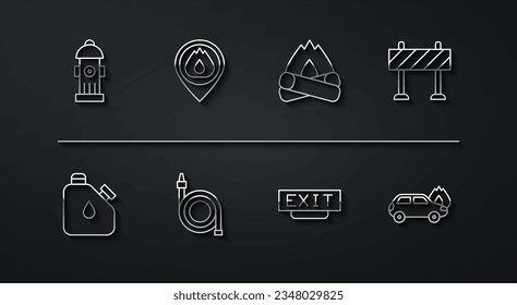 Fijar la línea de hidrante, combustible de cartucho, barrera de carreteras, salida, carrete de manguera, Ubicación con llama de fuego, Carro quemador e icono de fogata. Vector
