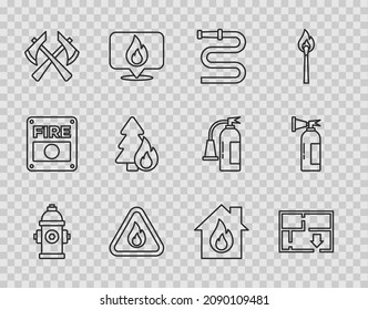 Set Line Fire Hydrant, Evacuation Plan, Hose Reel, Flame In Triangle, Firefighter Axe, Burning Forest Tree, Burning House And Extinguisher Icon. Vector