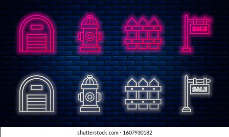 Set line Fire hydrant, Garden fence wooden, Warehouse and Hanging sign with text Sale. Glowing neon icon on brick wall. Vector