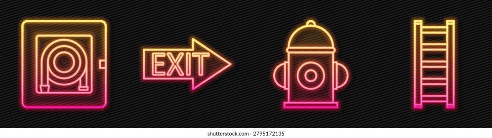 Set line Fire hydrant, Fire hose cabinet, Fire exit and Fire escape. Glowing neon icon. Vector