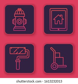Set line Fire hydrant, Paint roller brush, Tablet and smart home and Hand truck and boxes. Blue square button. Vector