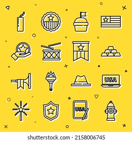 Fijar la línea de hidrante de fuego, EEUU en laptop, barras de oro, tarta, tambor y palos de tambor, Día de la Independencia, Bomba dinamita e ícono de bandera estadounidense. Vector