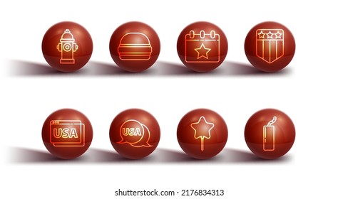 Set line Fire hydrant, USA on browser, Shield with stars, Balloon, label, Burger, Dynamite bomb and Calendar date July 4 icon. Vector