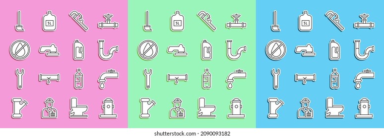 Fijar la línea de hidrante, grifo de agua, tubería metálica de la industria, llave regulable de la tubería, gota prohibida, Mop y Contenedor con icono de limpieza de drenaje. Vector