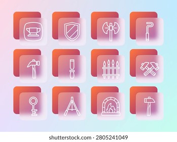 Set line Fire poker, Air blower bellows, Classic iron fence, Blacksmith oven, Rasp metal file, Medieval poleaxe, anvil tool and Shield icon. Vector