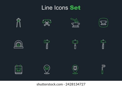 Set line Fire poker, Horseshoe, Blacksmith anvil tool, Hammer, Sledgehammer,  and oven icon. Vector