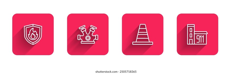Set line Feuerschutzschild, Hydrant, Verkehrskegel und Gebäude der Feuerwache mit langem Schatten. Roter quadratischer Knopf. Vektorgrafik