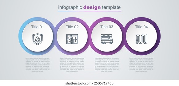 Set line Fire protection shield, Evacuation plan, truck and hose reel. Business infographic template. Vector