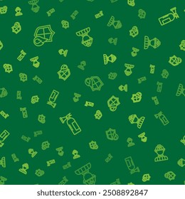 Set line Fire protection shield, extinguisher and Firefighter on seamless pattern. Vector