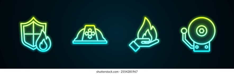 Set line Fire protection shield, Firefighter helmet, Hand holding a fire and Ringing alarm bell. Glowing neon icon. Vector