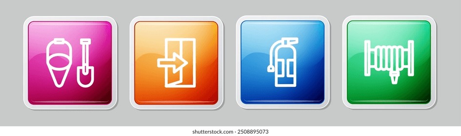 Set line Fire shovel and bucket, exit, extinguisher and hose reel. Colorful square button. Vector