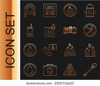 Set line Fire shovel, in burning buildings, No fire match, flame, Electric wiring of socket, Walkie talkie, hose reel and truck icon. Vector