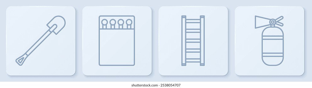 Set line Fire shovel, Fire escape, Open matchbox and matches and Fire extinguisher. White square button. Vector