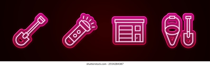 Set line Fire shovel, Flashlight, Building of fire station and and bucket. Glowing neon icon. Vector