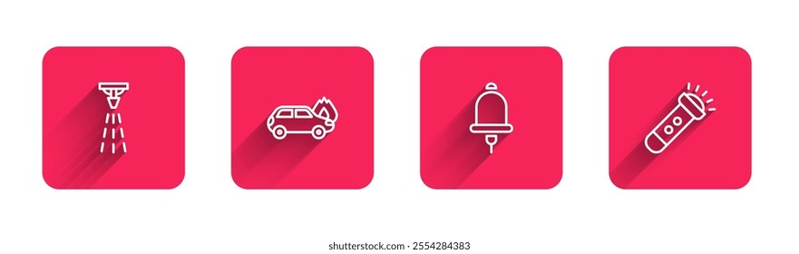 Set line Fire sprinkler, Burning car, Ringing alarm bell and Flashlight with long shadow. Red square button. Vector