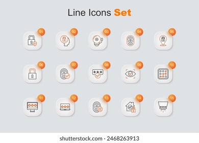 Set line Fire sprinkler system, House under protection, Cancelled fingerprint, Laptop with password, Monitor, Graphic, Eye scan and Password icon. Vector