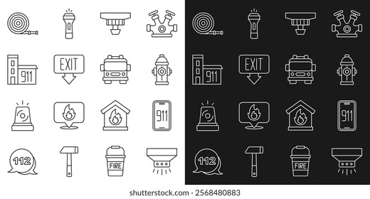 Set line Fire sprinkler system, Mobile emergency call 911, hydrant, Smoke alarm, exit, Building of fire station, hose reel and truck icon. Vector