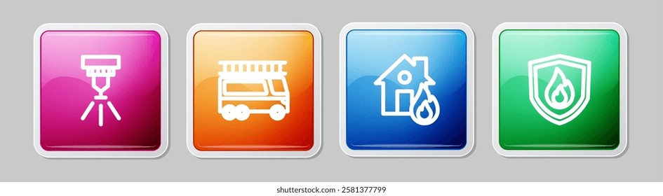 Set line Fire sprinkler system, truck, burning house and protection shield. Colorful square button. Vector