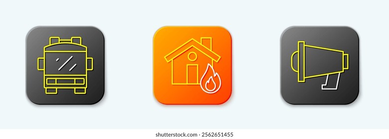 Set line Fire truck, in burning house and Megaphone icon. Vector