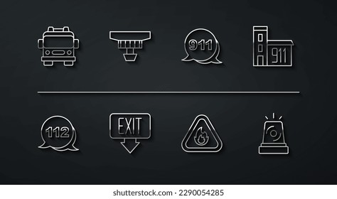 Set line Fire truck, Emergency call, Building of fire station, flame triangle, exit, Smoke alarm system, Flasher siren and 911 icon. Vector
