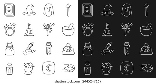 Set line Fireball, All-seeing eye of God, Witch cauldron, Ghost, Sword the stone, Magic ring, Tarot cards and staff icon. Vector