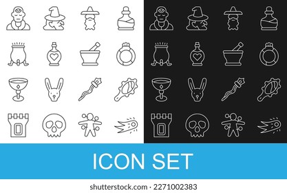 Set line Fireball, Magic hand mirror, stone ring with gem, Wizard warlock, Bottle love potion, Witch cauldron,  and Mortar pestle icon. Vector