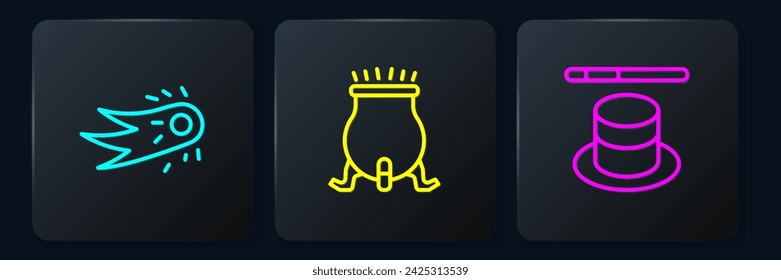 Set line Fireball, Magic hat and wand and Witch cauldron. Black square button. Vector