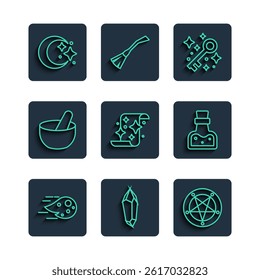 Set line Fireball, Magic stone, Pentagram in circle, Old magic key, scroll, Witch cauldron, Moon and stars and Bottle with potion icon. Vector