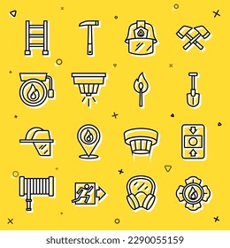Set line Firefighter, alarm system, shovel, helmet, Smoke, Ringing bell, escape and Burning match with fire icon. Vector