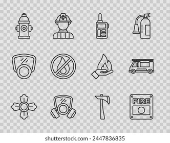 Set line Firefighter, alarm system, Walkie talkie, Gas mask, hydrant, No fire, axe and truck icon. Vector