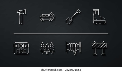 Set line Firefighter axe, alarm system, boots, hose reel, Forest, Burning car, Road barrier and shovel icon. Vector