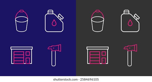 Set line Firefighter axe, Building of fire station, Canister fuel and bucket icon. Vector