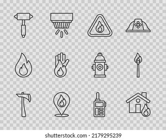 Set line Firefighter axe, in burning house, flame triangle, Location with fire, No, Walkie talkie and Burning match icon. Vector