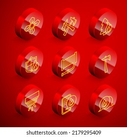Set line Firefighter, axe, Burning forest tree, protection shield, hose reel, Smoke alarm system and Phone with emergency call 911 icon. Vector
