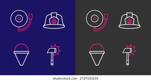 Definir linha Machado de bombeiro, balde de cone, capacete e Toque ícone de sino de alarme. Vetor