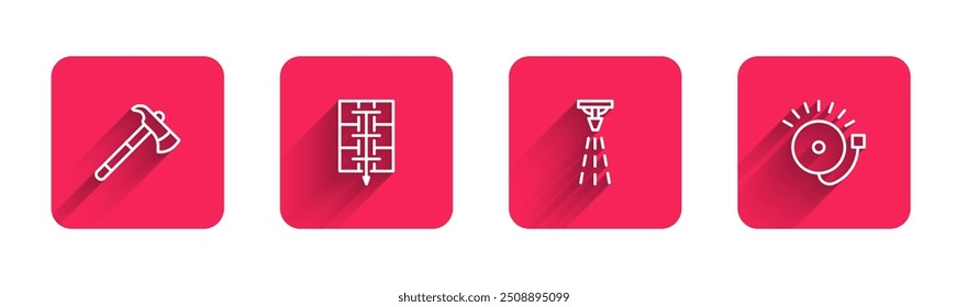 Ajuste a linha Machado de bombeiro, plano de evacuação, aspersão e campainha de alarme de toque com sombra longa. Botão quadrado vermelho. Vetor