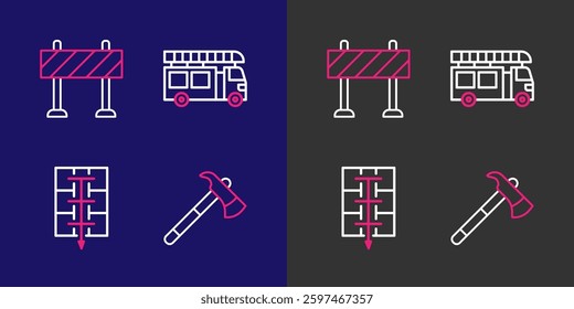 Set line Firefighter axe, Evacuation plan, truck and Road barrier icon. Vector