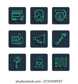 Set line Firefighter axe, Flasher siren, hose reel, Ringing alarm bell, Megaphone, Electric wiring of socket fire, truck and  icon. Vector