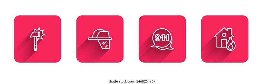 Set line Firefighter axe, helmet, Emergency call 911 and in burning house with long shadow. Red square button. Vector