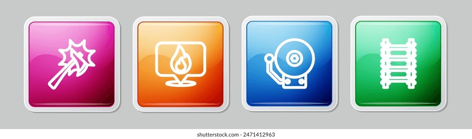 Set line Firefighter axe, Location with fire flame, Ringing alarm bell and escape. Colorful square button. Vector