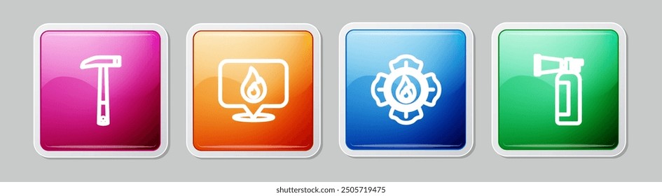 Set line Firefighter axe, Location with fire flame,  and extinguisher. Colorful square button. Vector