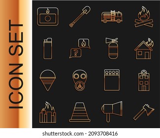 Set line Firefighter axe, Medical hospital building, burning house, truck, Phone with emergency call 911, Lighter, alarm system and extinguisher icon. Vector