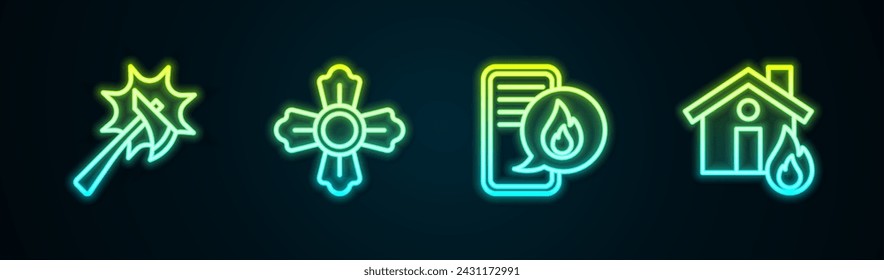 Set line Feuerwehraxt, , Telefon mit Notruf 911 und in brennendem Haus. Leuchtendes Neon-Symbol. Vektor