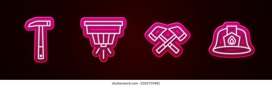 Set Line Feuerwehrbeil, Rauchmelder und Helm. Leuchtendes Neonsymbol. Vektorgrafik