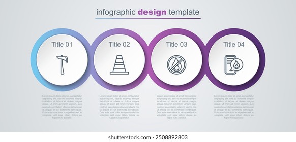 Definir linha Firefighter ax, Cone de tráfego, Sem fogo e Telefone com chamada de emergência 911. Modelo de infográfico comercial. Vetor