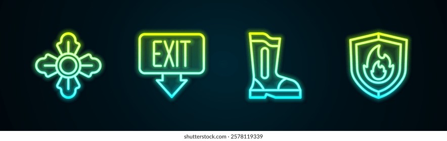 Set line Firefighter, exit, boots and protection shield. Glowing neon icon. Vector