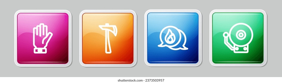 Set line Firefighter gloves, axe, Telephone call 911 and Ringing alarm bell. Colorful square button. Vector