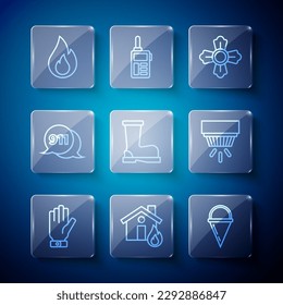 Set line Firefighter gloves, in burning house, cone bucket, boots, Telephone call 911, flame and Smoke alarm system icon. Vector