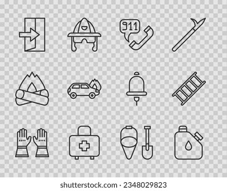 Set line Firefighter gloves, Canister fuel, Telephone call 911, First aid kit, exit, Burning car, shovel and bucket and escape icon. Vector